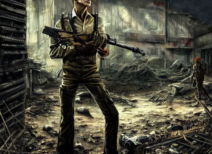 Prompt: david bowie, in escape from tarkov, dressed as a scavenger, carrying a scoped hunting rifle, in the background is an abandoned warehouse, radioactive horror painting, elegant intricate digital painting artstation concept art by mark brooks and brad kunkle extreme detail 4 k
