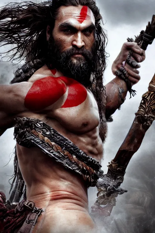 Image similar to film still from god of war, a highly detailed beautiful closeup photo of jason momoa kratos with long windblown wet hair holding a sword and fighting zombies on a pile of human skulls, spartan warrior, olympian god, muscular!,, action pose, ambient lighting, volumetric lighting, octane, fantasy