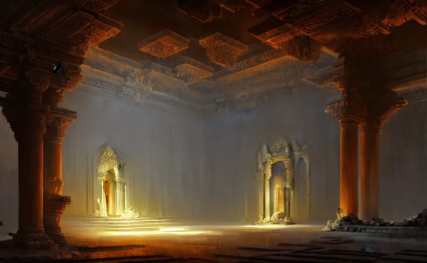 Image similar to The interior of an mytical and ancient temple in ruins, intricate, elegant, volumetric lighting, digital painting, highly detailed, artstation, sharp focus, illustration, concept art, ruan jia, steve mccurry