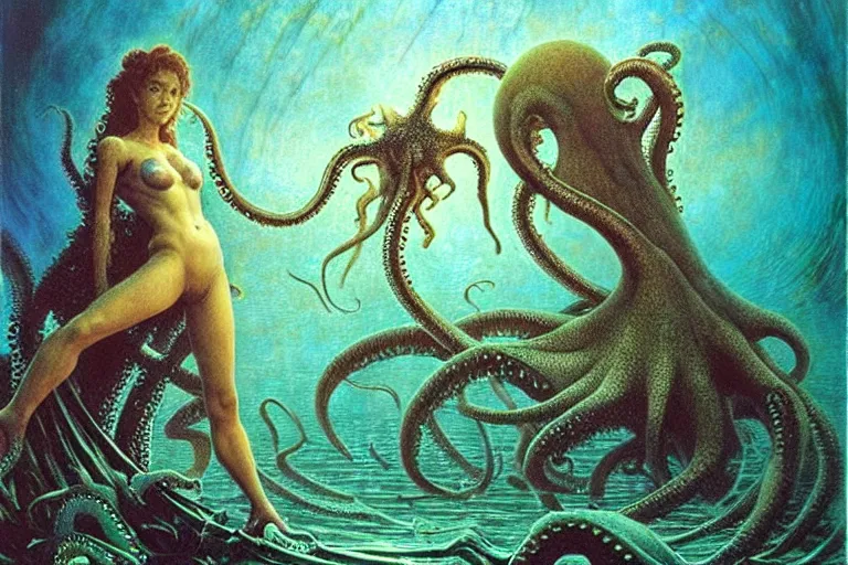 Image similar to cute young alyson hannigan with short hairs in lovecraftian underwater realm fights with octopus by jean delville by luis royo and wayne barlowe, beksinski