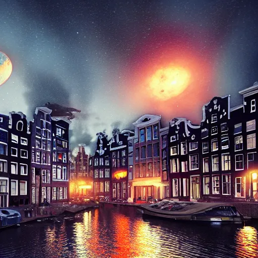 Prompt: Amsterdam during an alien invasion at nighttime, intricate artwork by Tooth Wu and wlop and beeple, octane render, hyper realism, 8k