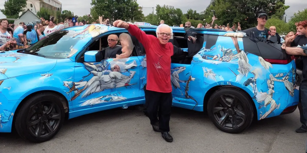 Prompt: muscular, bernie sanders, anime car wrap