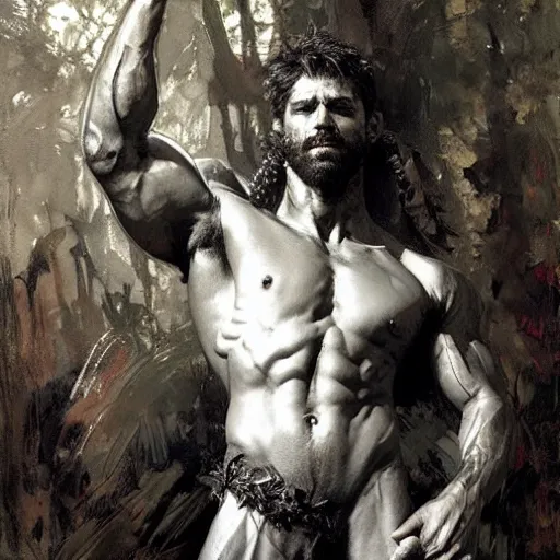 Image similar to god of the forest, 30 years old, playful, male, muscular, detailed face, thighs!!!! gorgeous, amazing, muscular, intricate, highly detailed, painting by Gaston Bussiere, Craig Mullins