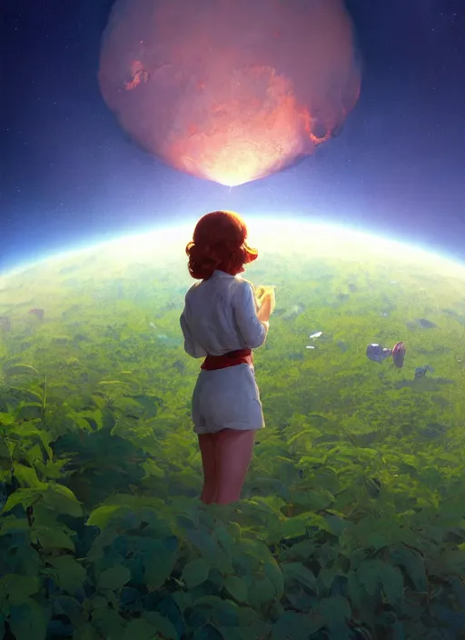 Prompt: gorgeous inspiring girl on the moon space station caring for tomato plants inside a crater filled with smoke, planet Earth in the sky by Craig Mullins, ilya kuvshinov, krenz cushart, artgerm trending on artstation by Edward Hopper and Dan Mumford and WLOP and Rutkovsky, carl spitzweg and moebius, Unreal Engine 5, Lumen, Nanite