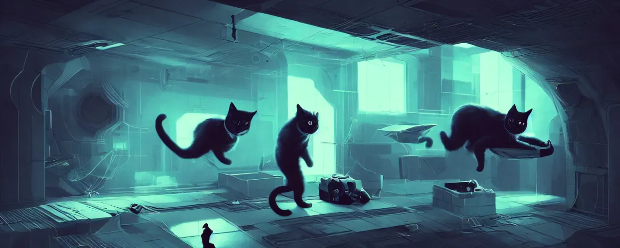 Image similar to duotone noir scifi concept dynamic concept art of 3 d mesh of cat inside box floating zero gravity glowing 3 d mesh portals, glowing eyes, octane render, surreal atmosphere, volumetric lighting. accidental renaissance. by sachin teng and sergey kolesov and ruan jia and heng z. graffiti art, scifi, fantasy, hyper detailed. trending on artstation