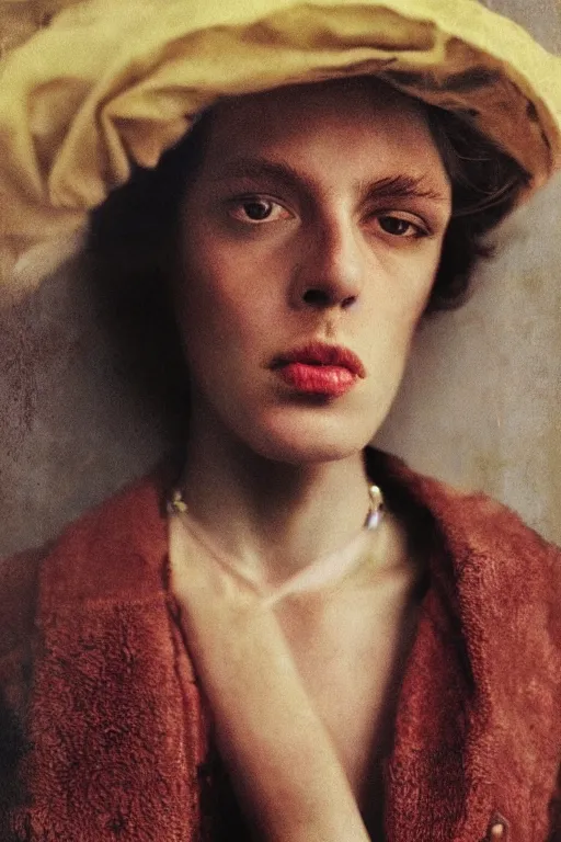 Image similar to hyperrealism close - up fashion portrait by roversi photo from the holy mountain by alejandro jodorowsky in style of francisco goya