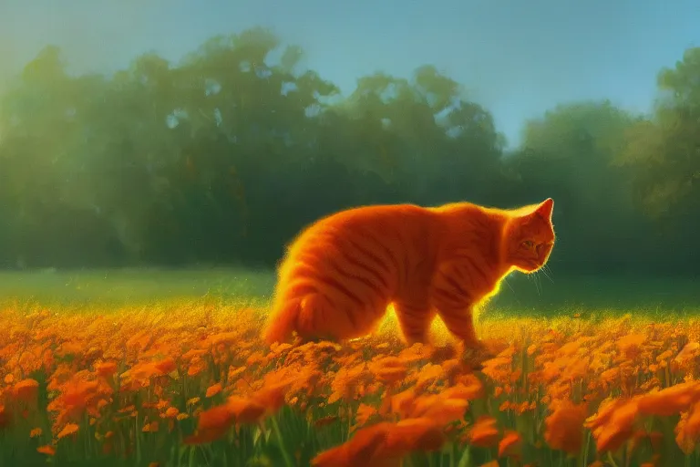Prompt: a painting of an orange cat standing in a field of flowers by craig mullins, golden hour, trending on artstation, color field, concept art, artstation hd, matte drawing
