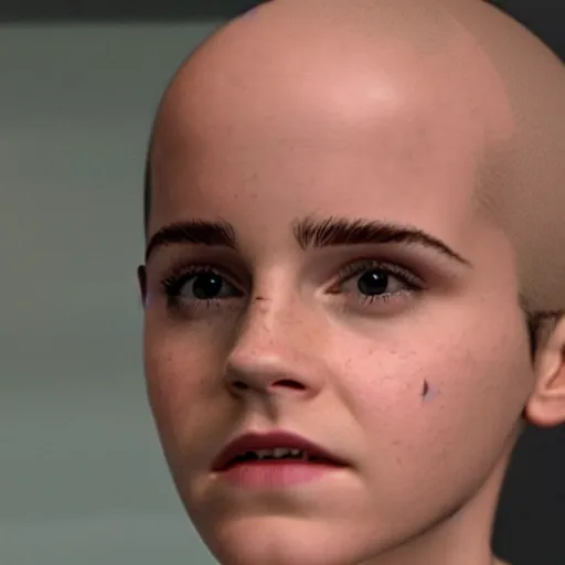 Image similar to an movie still of Emma Watson bald as eleven bald in stranger things, close up, high details,