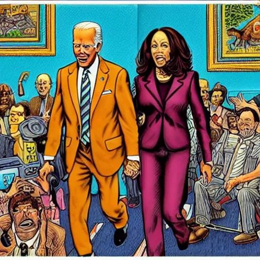 Image similar to The Artwork of R. Crumb and his Cheap Suit - Joe Biden and Kamala Harris, pencil and colored marker artwork, trailer-trash lifestyle