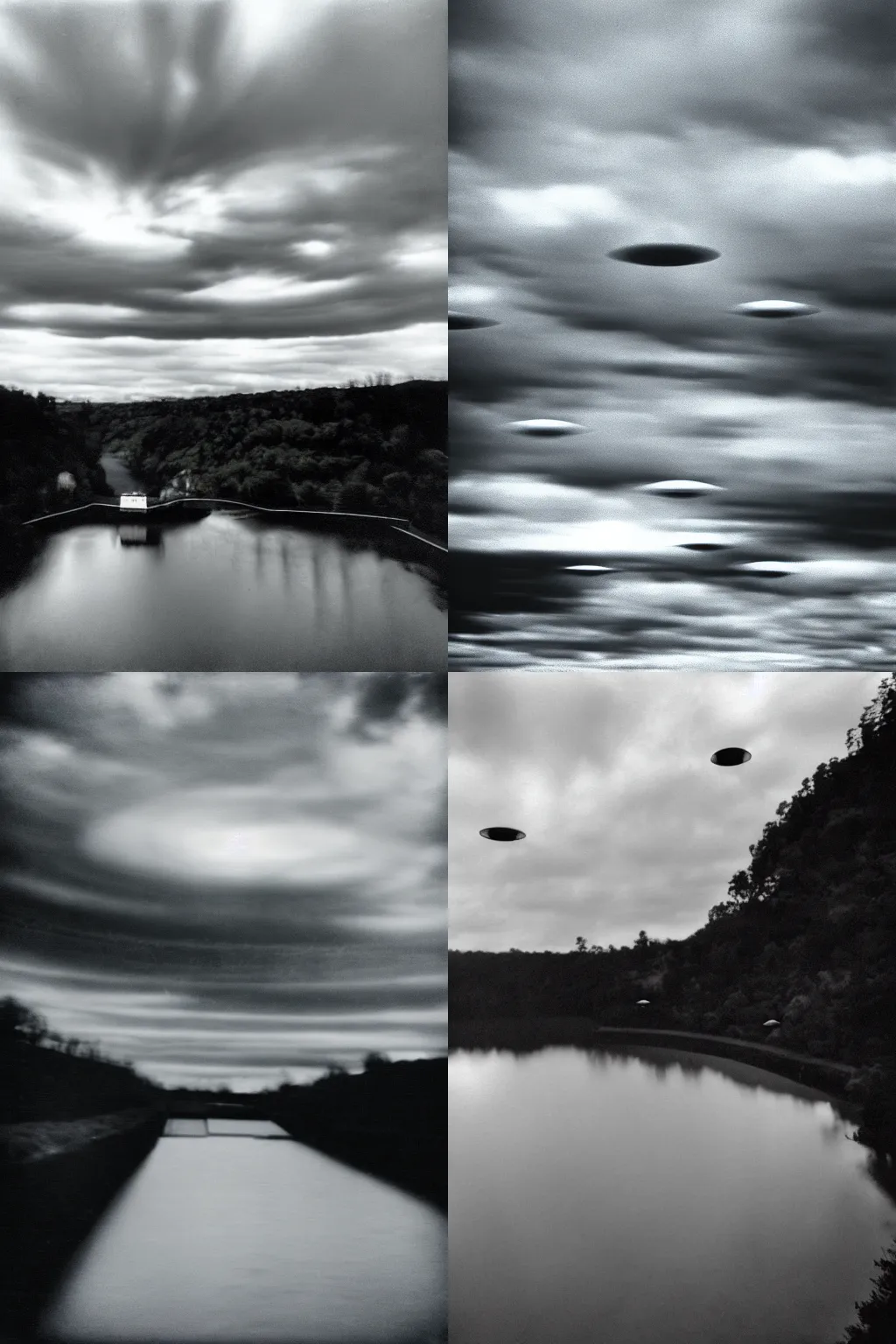 Prompt: grainy film photo of flying saucers over a dam, overcast day, dramatic, ominous, epic