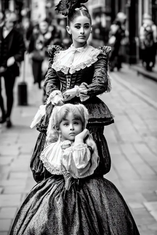 Prompt: Ariana Grande Victorian Era clothing, walking through the streets of London, XF IQ4, f/1.4, ISO 200, 1/160s, 8K, symmetrical face, beautiful eyes, black and white