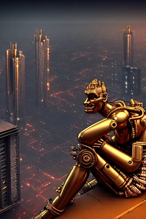 Image similar to high quality 3 d render brutalist cyborg! hanuman sitting, gold madhubani, highly detailed, cyberpunk!! mumbai in the background, unreal engine cinematic smooth, szukalski & blade runner, moody neon light, low angle, uhd 8 k, sharp focus