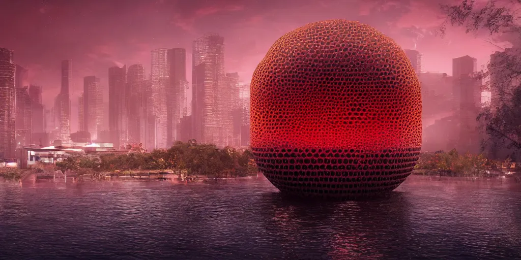 Image similar to An epic architectural rendering of a blob shaped trypophobia house with a mysterious red glow emitting from inside in a modern cityscape next to a river, stunning, gorgeous, golden ratio, photorealistic, featured on artstation, 4k resolution