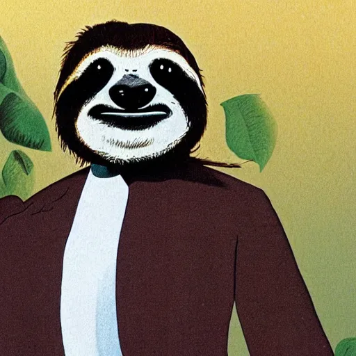 Prompt: a sloth dressed in a suit is standing in an office. by Roger Dean, 4k, graphic novel