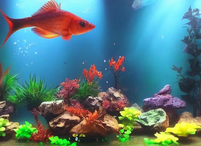 Image similar to ember tetra planted aquarium, placid morning rays, adorable planted cute cluttered aquarium with little fishies, trending on pixiv,