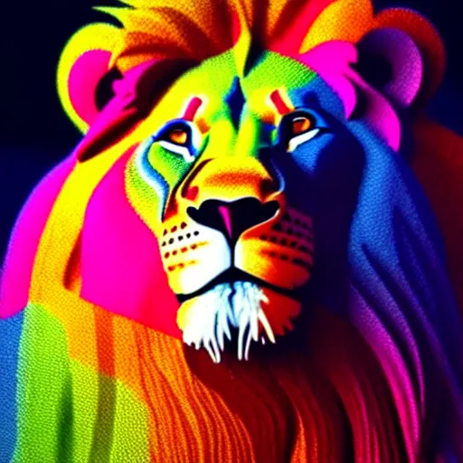 Prompt: lion made of rainbow sand, multicolor, colour in fringes, very colourful, volumetric light, cinematic, extremely detailed, cgi, trending on artstation, hyper realistic, hd wallpaper, sharp, michael whelan, ted nasmith