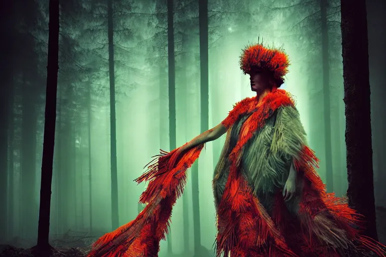 Image similar to editorial illustration by Karolis Strautniekas and Mads Berg, colorful,full body portrait of a forest priestess in a feathered robe,fine texture,detailed, ,film noir, dramatic lighting, dynamic composition,moody, vivid