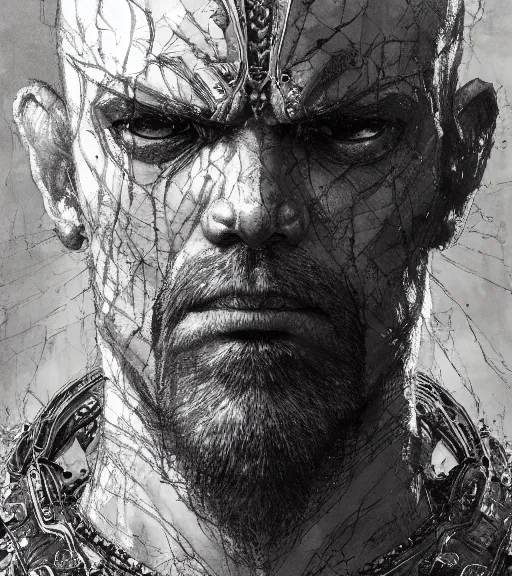 Image similar to portrait of strong bald man with scars in intricate dragonscale armor, pen and ink, intricate line drawings, by craig mullins, ruan jia, kentaro miura, greg rutkowski, loundraw