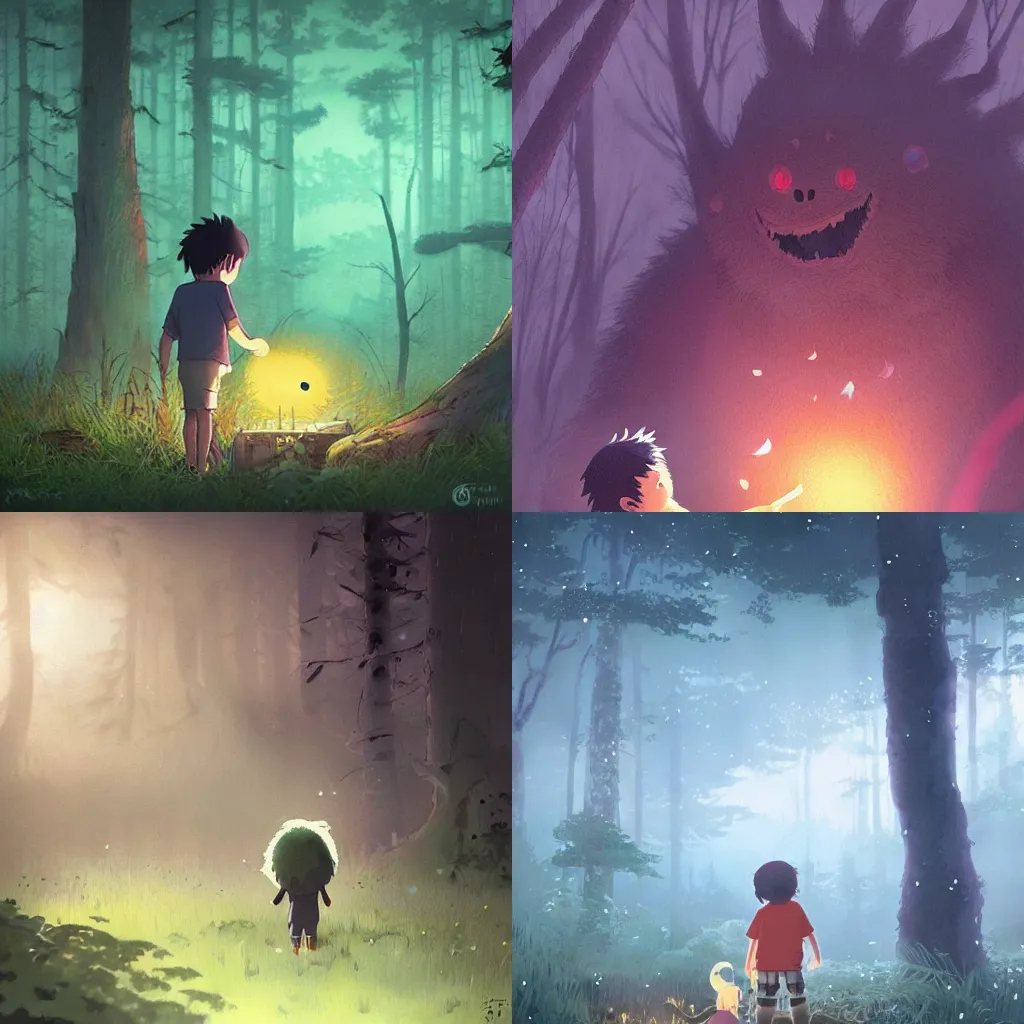 Prompt: a small boy discovers a giant hairy monster in a misty moonlit forest, surrounded by fireflies, art by studio ghibli, trending cgsociety, cinematic lighting