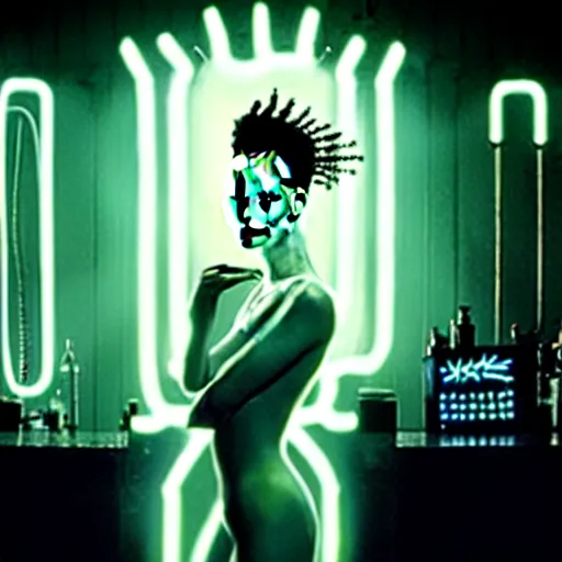 Image similar to cinematic portrait of kristen mcmenamy as bride of frankenstein as a replicant in a busy nightclub, frightened and angry, still from the movie ex machina, fashion photography, a neon sign is in the background