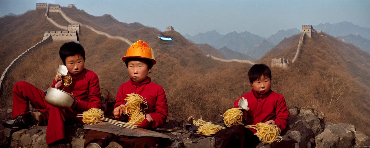 Prompt: eating spaghetti while constructing the great wall of china, fine detail, canon 5 0 mm, in the style of diane arbus, in the style wes anderson, kodachrome, retro