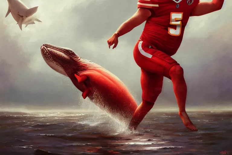 Image similar to a whale who loves patrick mahomes and the nfl by greg rutkowski, rossdraws, gil elvgren, enoch bolles, anime, very coherent