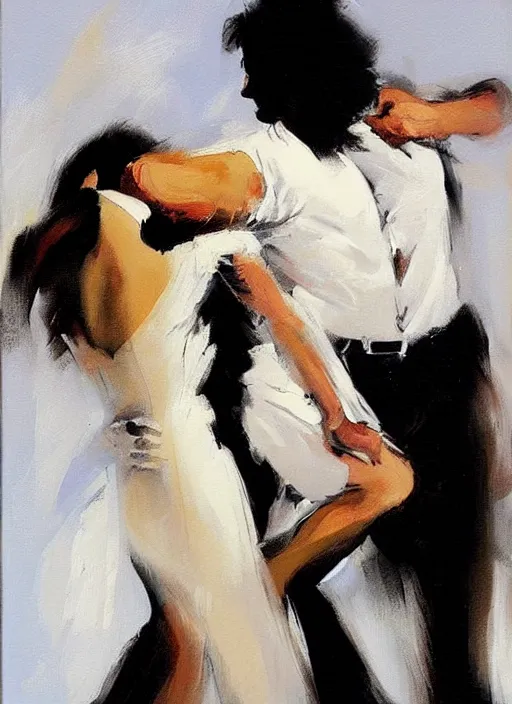 Image similar to tango dancerin in white dress, painting by phil hale, fransico goya,'action lines '!!!, graphic style, visible brushstrokes, motion blur, blurry, visible paint texture, crisp hd image