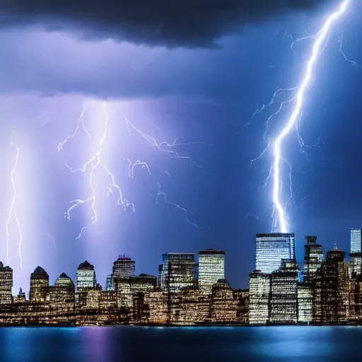 Image similar to lightning striking the World Trade Center, hyperrealistic, apocalyptic, blue, thunderstorm, night, award winning, 8k