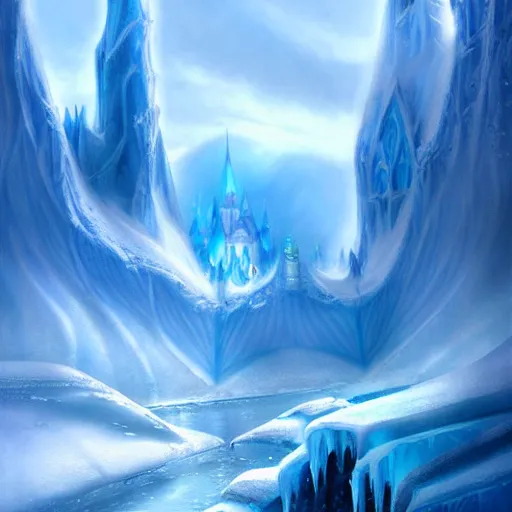 Prompt: beautiful ice kingdom by james gurney, matte painting, artstation, concept art