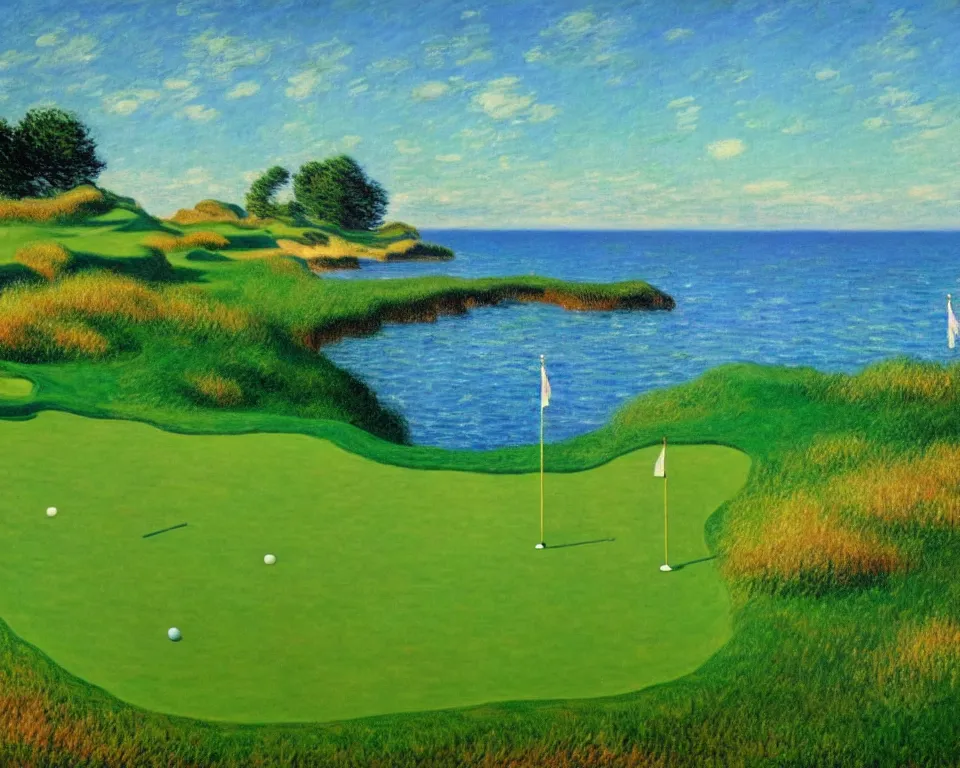 Image similar to achingly beautiful painting of bandon dunes golf course by rene magritte, monet, and turner.