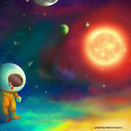 Image similar to lonley and gloomy baby in middle of space surrounded by colorful stars planets and galaxies, grainy design, high quality, 4 k, high details, smooth fucos, award winning, artstation