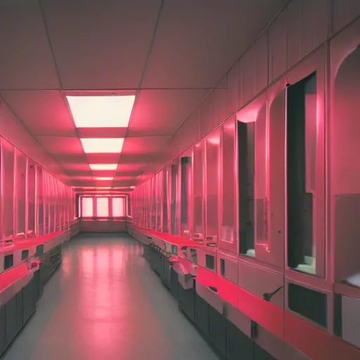 Image similar to noisy color photograph of a retrofuturist liminal space, laboratory, red lights, minimalist, cinematic, soft vintage glow