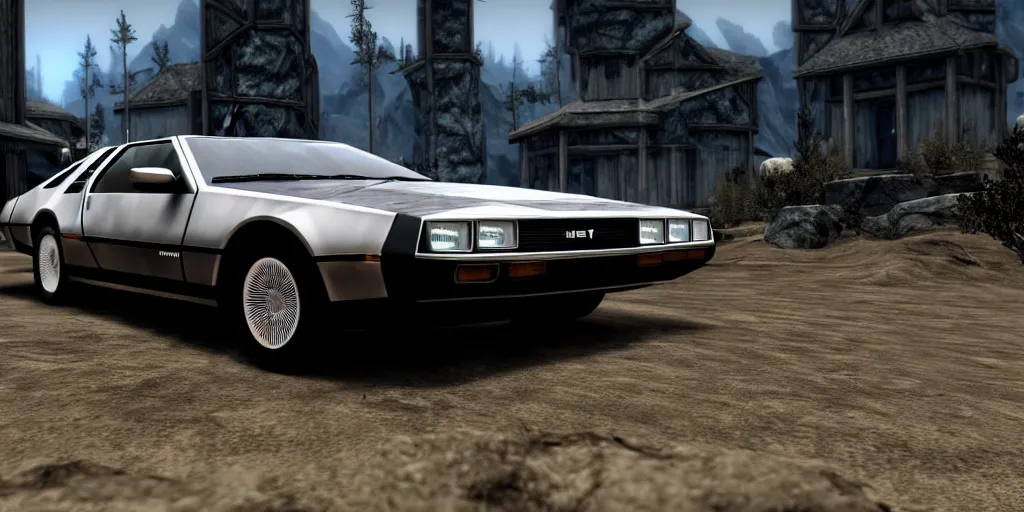 Prompt: dmc delorean in skyrim