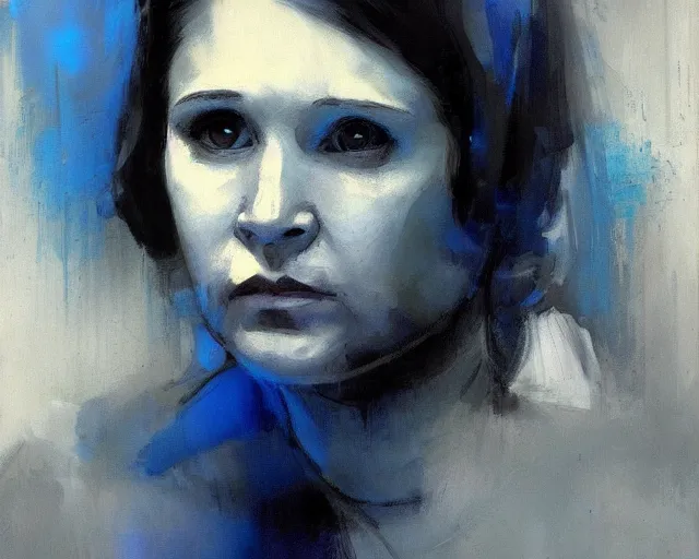 Image similar to portrait of young leia young carrie fisher 1 9 7 7 in shades of grey but with blue by jeremy mann