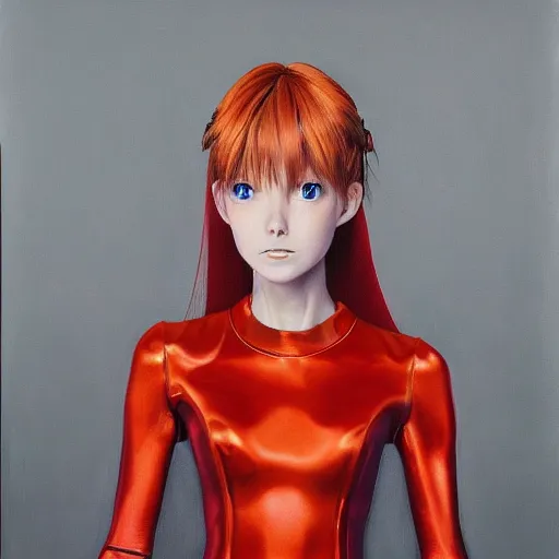 Prompt: hyperrealism mixed with classicism, oil painting of asuka langley's costume from evangelion haute couture fashion reinterpretation