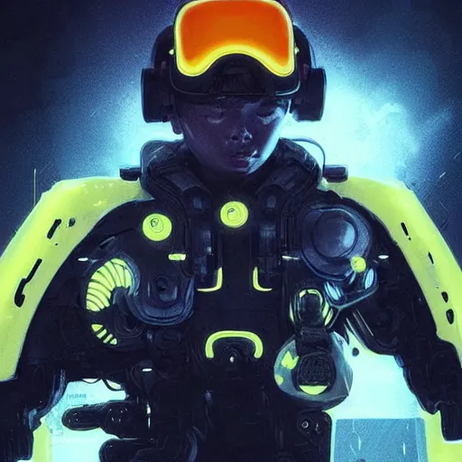 Image similar to yong boy destroyed to pieces with glowing yelow visor as a realistic scifi cyberpunk, torso, art by james jean and greg rutkowski!!, realistic face, like anime, digital art, concept art, trending on artstation, 8 k