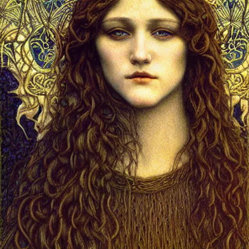 Image similar to detailed realistic beautiful young medieval queen face portrait by jean delville, art nouveau, symbolist, visionary, gothic, pre - raphaelite