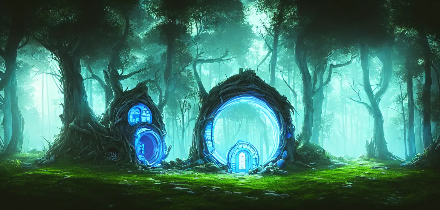 Prompt: random scary forest house landscape, round glowing blue neon portal door, incredible, vector art, octane render, fabulous, hyper detailed, random cinematic view, no noise, global illumination, warm lighting, volumetric, godrays, vivid, beautiful, by jordan grimmer