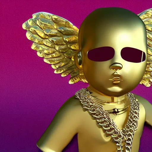 Image similar to a high tech 3 d rendering of a a baby cherub angel wearing a balaclava face mask, ski mask, face covered, covered face, fixed eyes, tattoos, multiple gold cuban chain necklace, graffiti in background octane render, blender