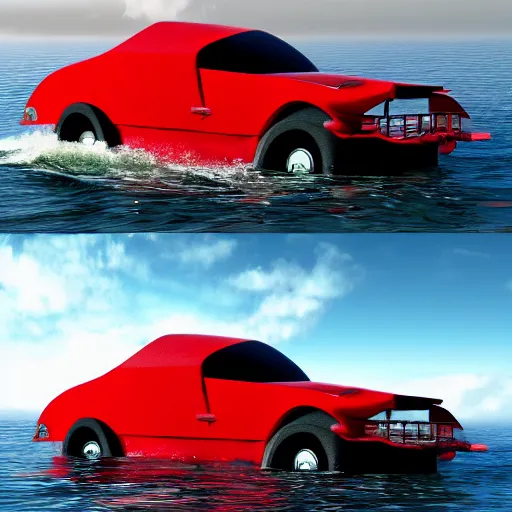 Prompt: red elephant car driving on the Pacific ocean, highly detailed, 8k, bordering on artstation,