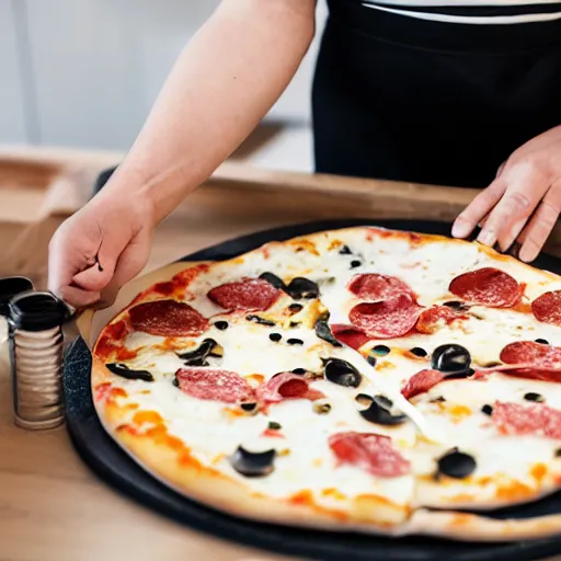 Image similar to black and white exotic shorthair making pizza in a modern kitchen, realistic photo,
