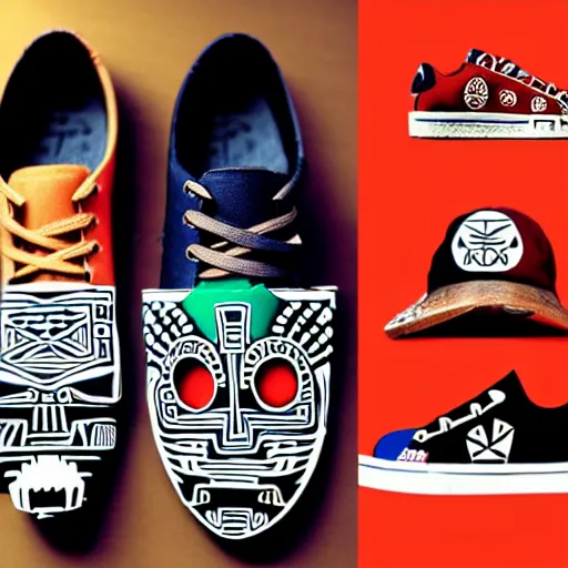 Image similar to sneaker design designed by studio ghibli, aztec mayan street fashion native punk sneaker design, majora's mask, wearing wooden mask, hip hop sneaker design with subtle mayan patterns, gapmoe yandere grimdark, trending on pixiv fanbox, painted by greg rutkowski makoto shinkai takashi takeuchi studio ghibli, akihiko yoshida