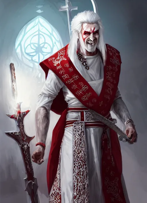 Image similar to a highly detailed illustration of sadistic white haired tanned african priest wearing white robe with red cross design, wielding divine bloody sword, evil smirk, gothic church background, intricate, elegant, highly detailed, centered, digital painting, artstation, concept art, smooth, sharp focus, league of legends concept art, wlop