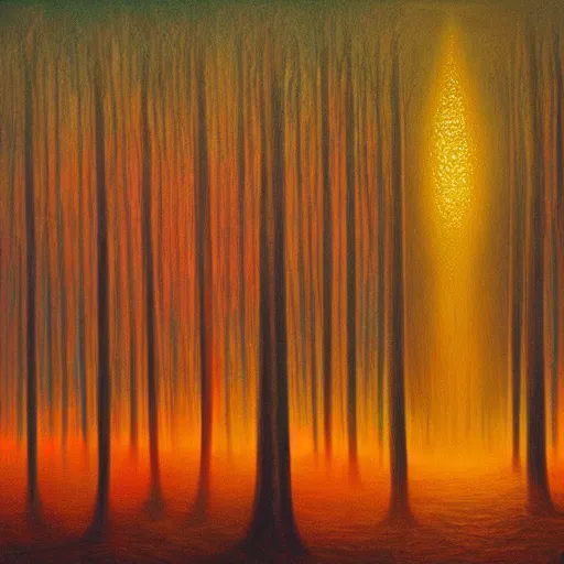 Image similar to painting of the master of light and energy in dense foggy forest by Alex Grey, acrylic art, ethereal, soothing, somber, elegant, warm light, cozy, glows,