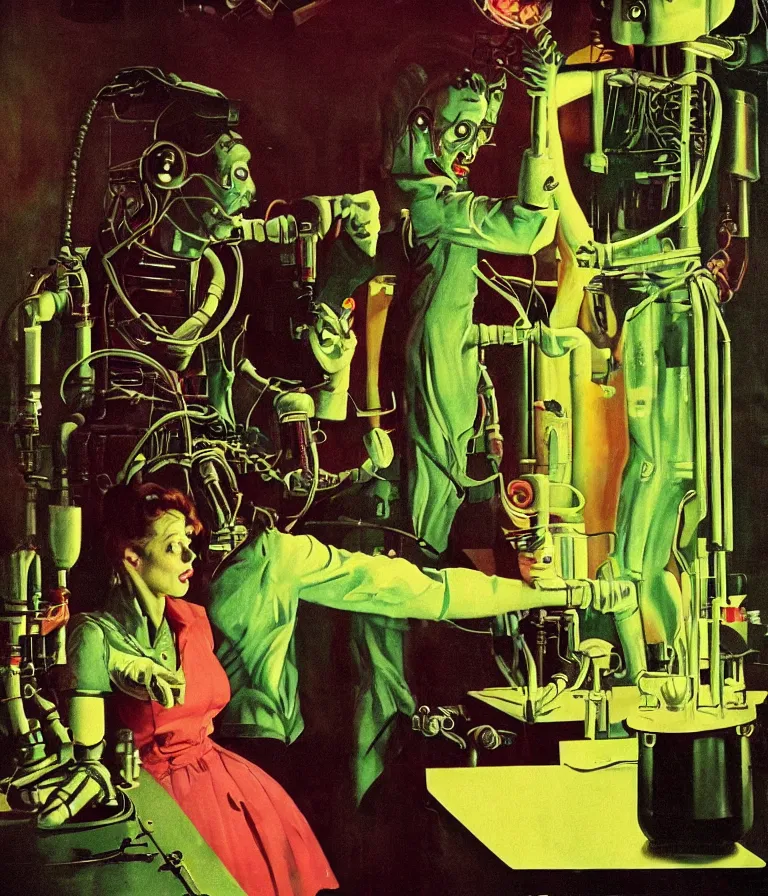 Image similar to a female mad scientist building a robot man, in a darkly lit laboratory room, 1 9 5 0 s horror movie poster style, norman rockwell oil painting, tight shot, close - up shot, retro science fiction, vintage, saturated pink and green lighting, shadowy lighting, cohesive