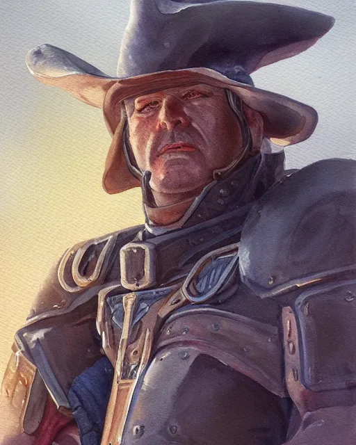 Image similar to a oil / watercolor painting full body character portrait of a sheriff / paladin in the style of moebius in the style of leonard boyarsky trending on artstation deviantart pinterest detailed photorealistic highlights and shadow hd 8 k post - processing high resolution