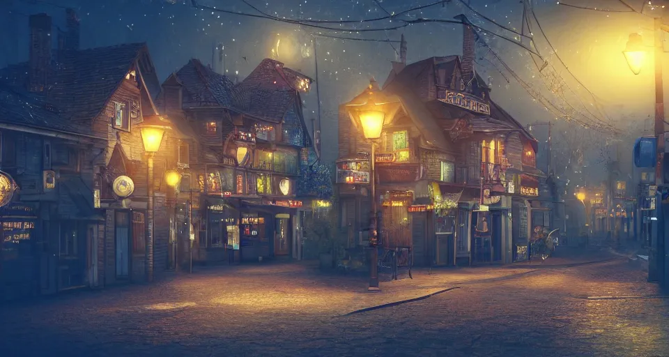 Image similar to a Village Street at night, a few streetlights, illuminated houses with fairy lights, neon signs, steam punk, highly detailed, octane render, trending on artstation