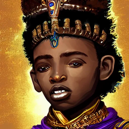 Image similar to a young black boy dressed like an african moorish warrior in gold armor and a crown with a ruby, and a very ornate glowing scimtar, for honor character digital illustration portrait design, by android jones in a psychedelic fantasy style, dramatic lighting, hero pose, wide angle dynamic portrait