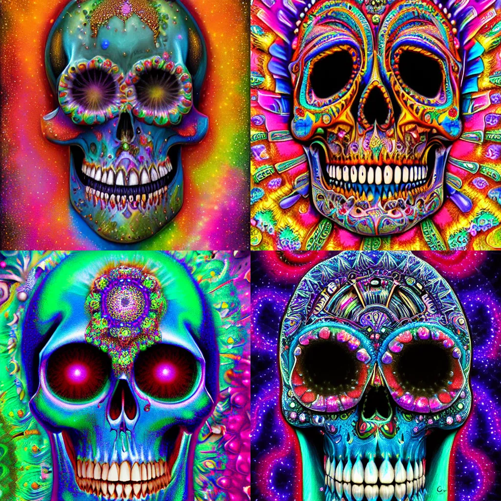 Prompt: beautiful matte painting of psychedelic glittering jewelled skull by chris dyer, HDR, vivid color, CGsociety