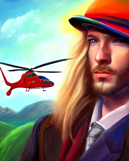 Prompt: colorful painting of a man with long blond hair with a helicopter hat, no beard, matte painting, trending on art station, ultra - detailed, hq